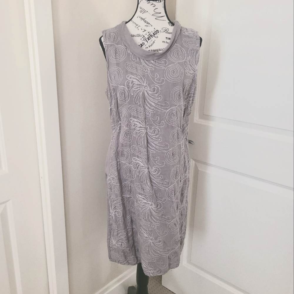 Linen Dress LINA TOMEI Grey Sleeveless Embroidered Size L